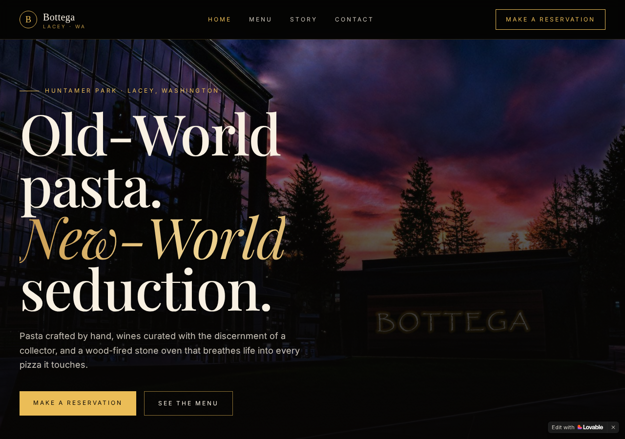 Homepage preview of the Bottega restaurant website