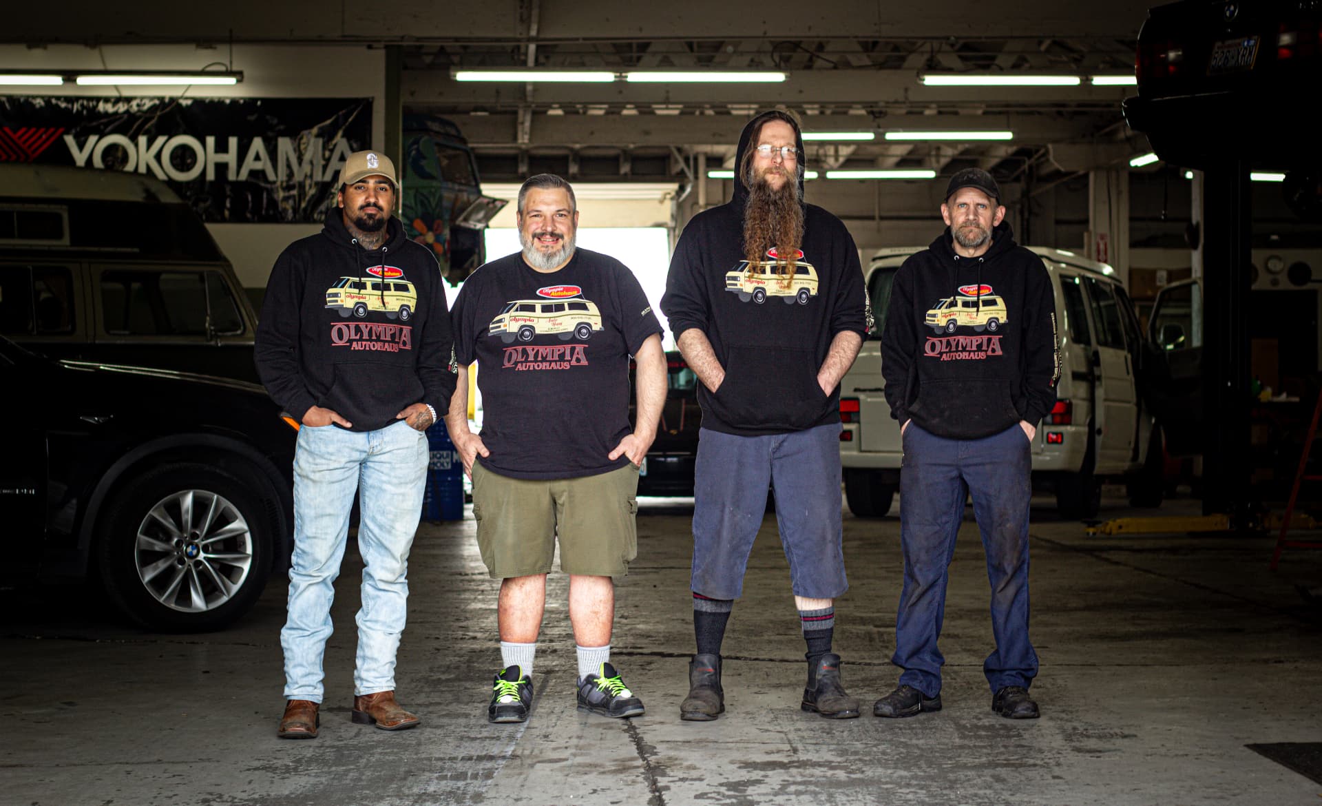 Olympia Autohaus team inside the repair shop