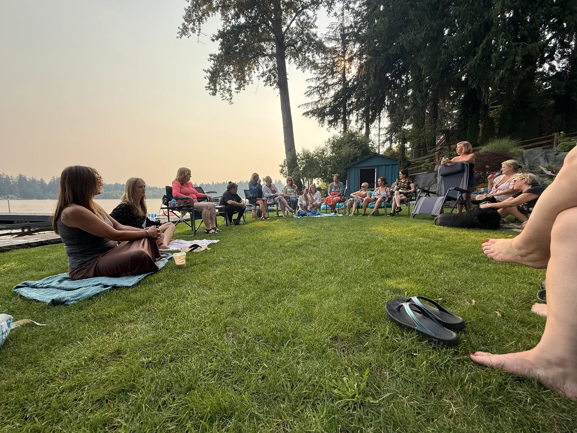 Outdoor gathering with neighbors by the water